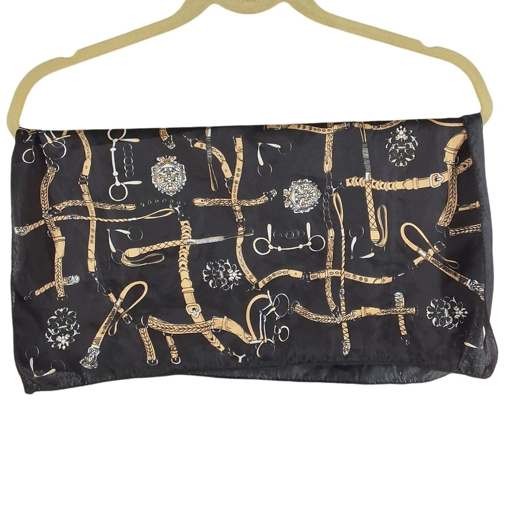 Vintage Equestrian Print Square Scarf Black Gold Horse Bit Buckle Motif